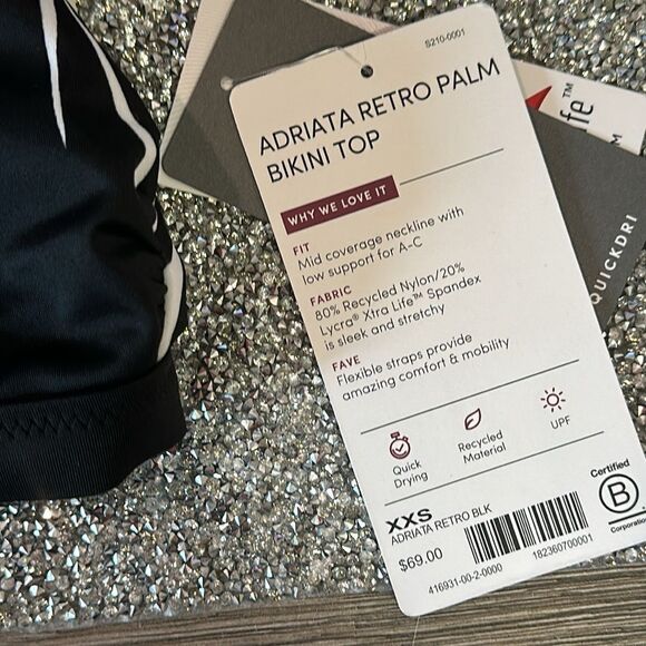 ATHLETA Adriata swim bikini top‎ XXS NEW BLACK WHITE PALM - Picture 2 of 6